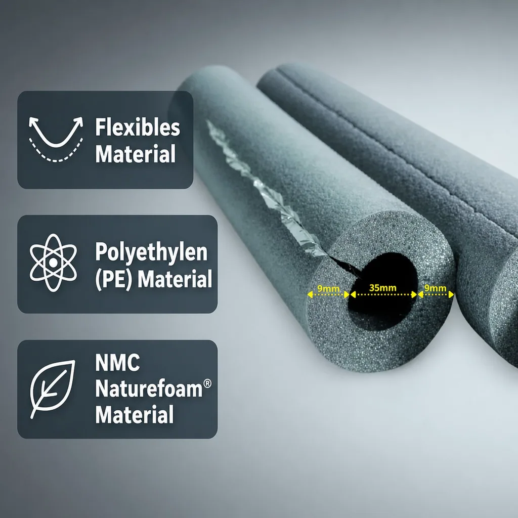 Isolierschlauch 35mm, selbstklebend, 9mm Dämmung, 2x1m Rohrisolierung