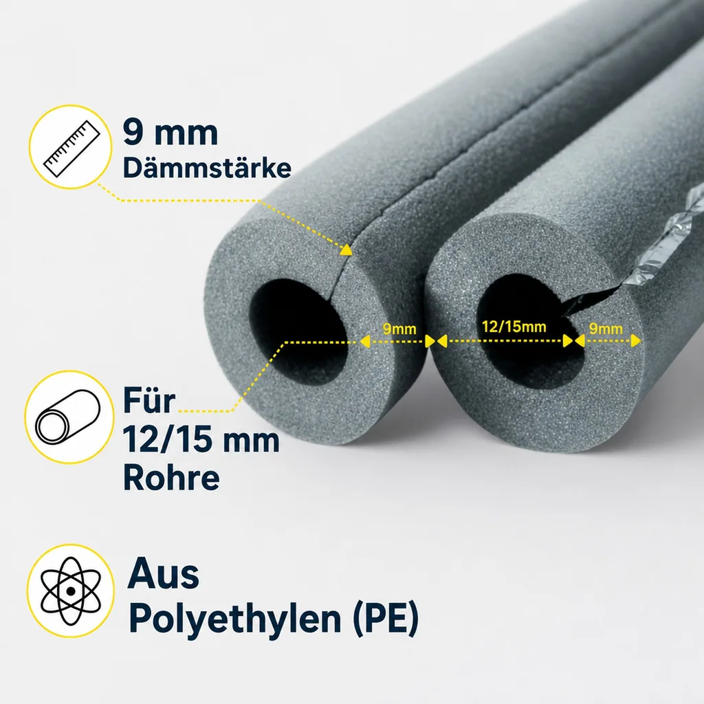 Isolierschlauch 12/15 mm, Rohrisolierung selbstklebend, 9 mm Dämmung, 2 x 1m