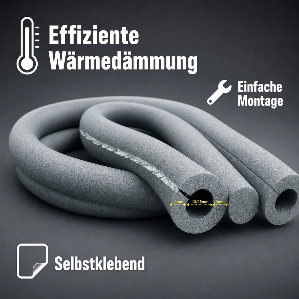 Isolierschlauch 12/15 mm, Rohrisolierung selbstklebend, 9 mm Dämmung, 2 x 1m