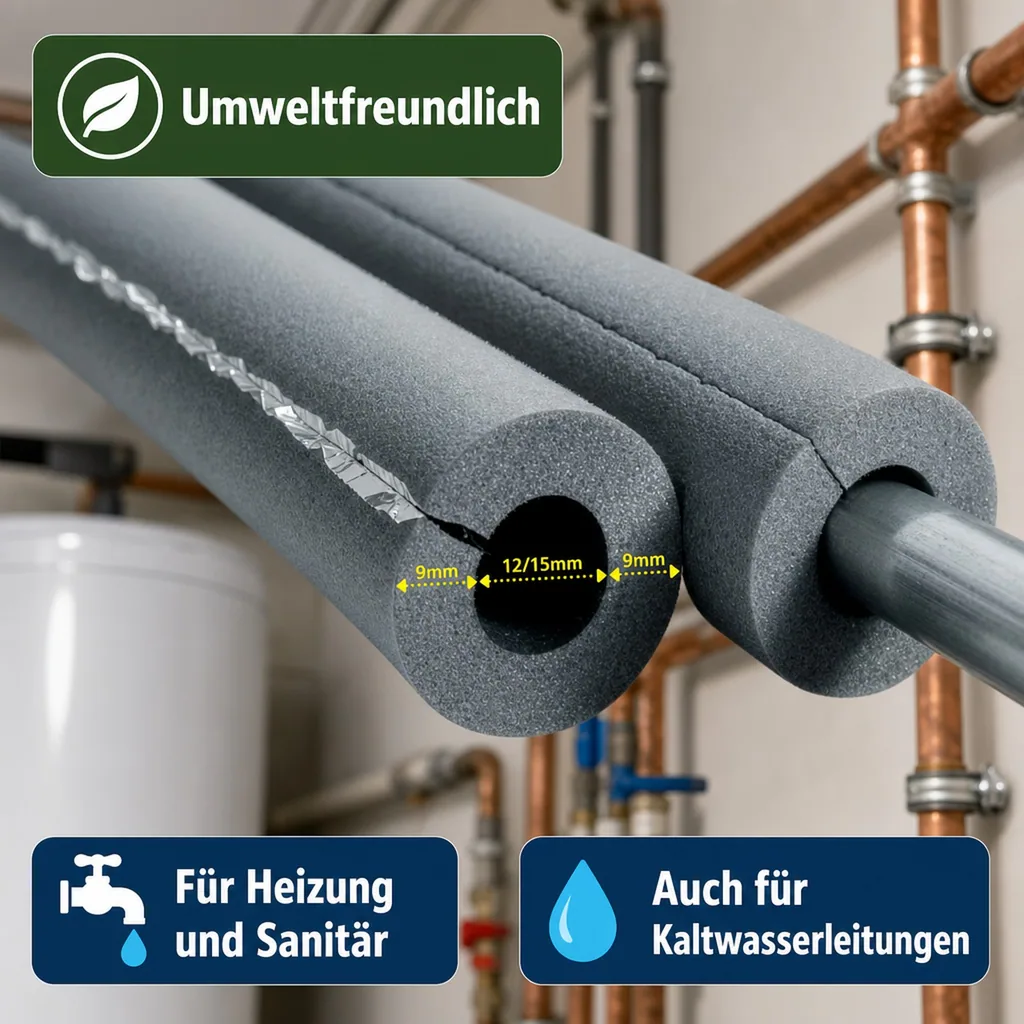 Isolierschlauch 12/15 mm, Rohrisolierung selbstklebend, 9 mm Dämmung, 2 x 1m