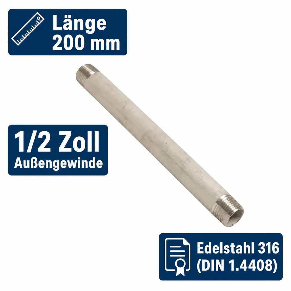 Edelstahl Rohrnippel24, 1/2 Zoll AG, 200 mm, V4A Fitting