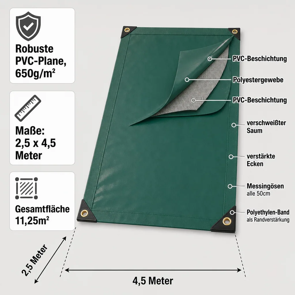 PVC Plane grün 650g, 2,5 x 4,5m (11,25m²), Abdeckplane, wasserdicht