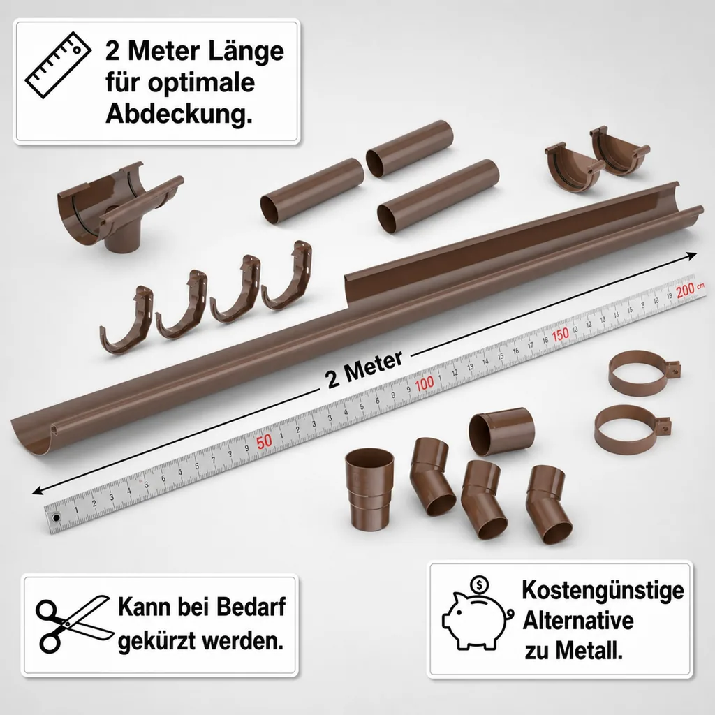 Regenrinne Set 2m braun, Dachrinne Kunststoff, System 125, Dachentwässerung