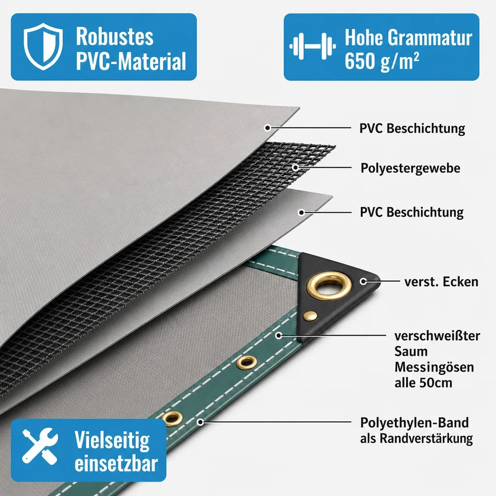 PVC Plane, Abdeckplane 650 g/m², 8 x 10m (80m²), grau, wasserdicht, reißfest