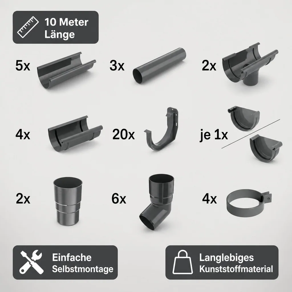 Dachrinne Set 10m, Regenrinne Komplettset graphit, System 100