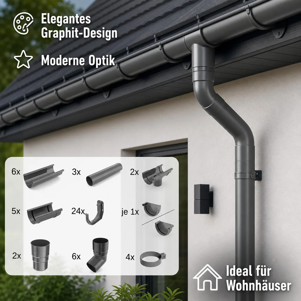 Regenrinne 100, Dachrinne Set, 12m Graphit, System
