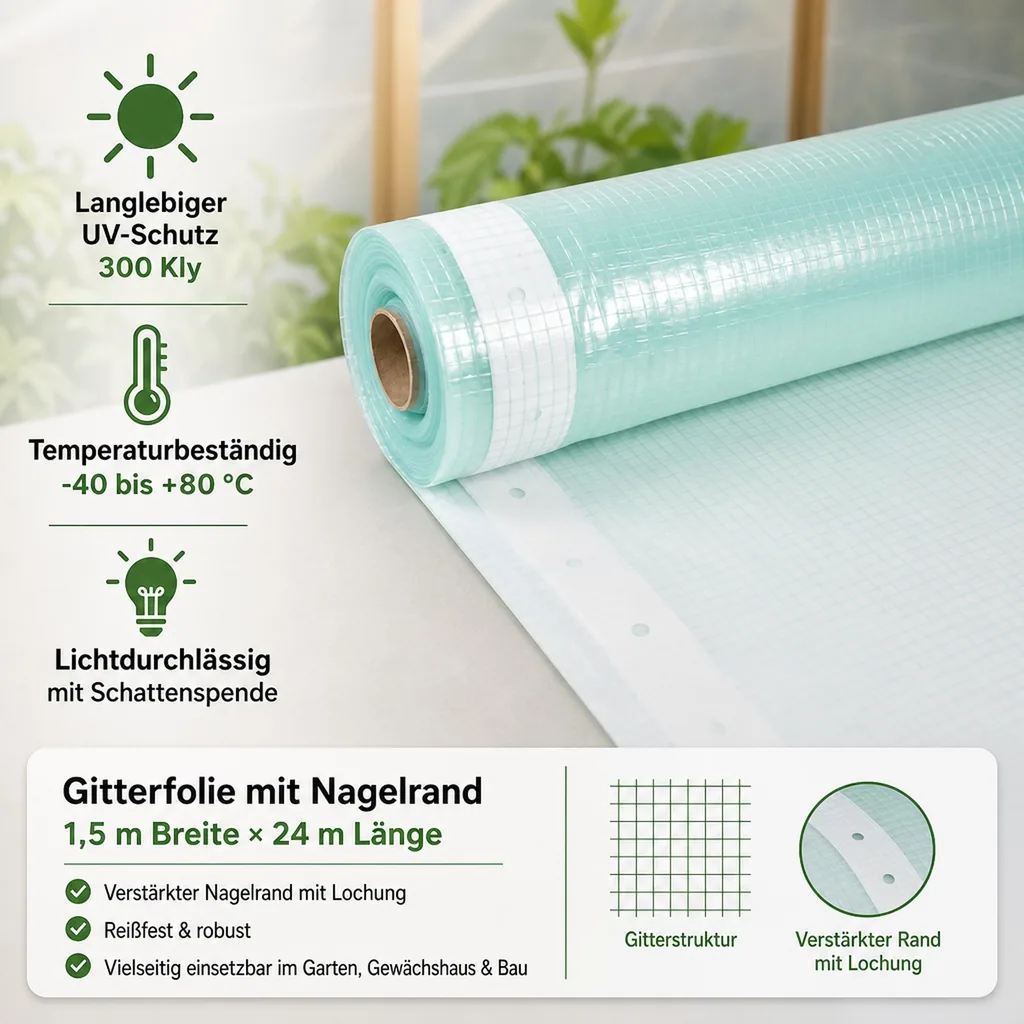 Gitterfolie, Gewächshausfolie, 1,5 Breite x 24 Meter, Nagelrand