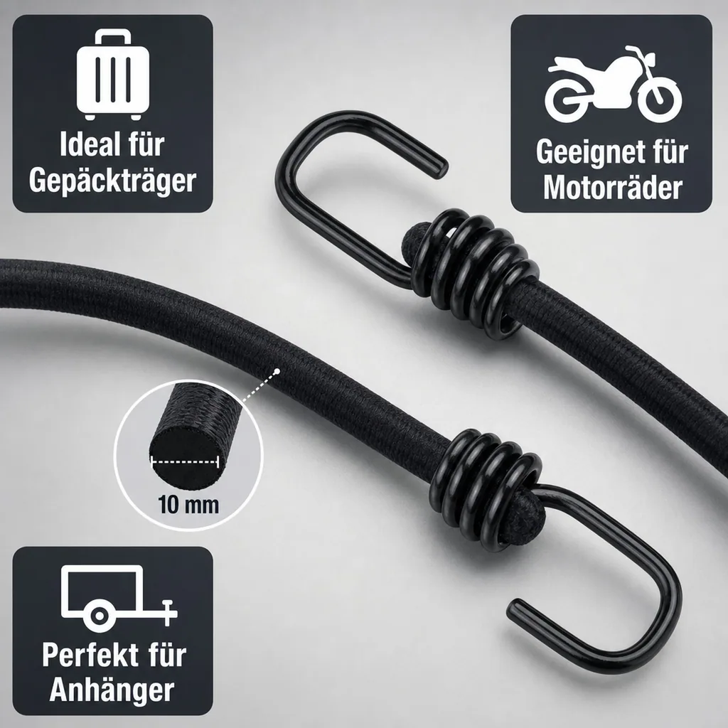 Expanderseil mit 2 Haken 10 mm x 60 cm, Gummiseil für Gepäckspanner