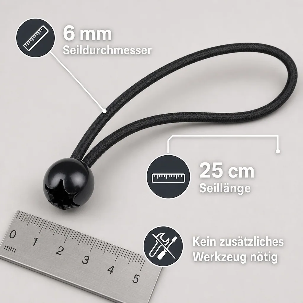 Expanderschlinge mit Kugel, Planenspanner 6mm, schwarz, 25cm
