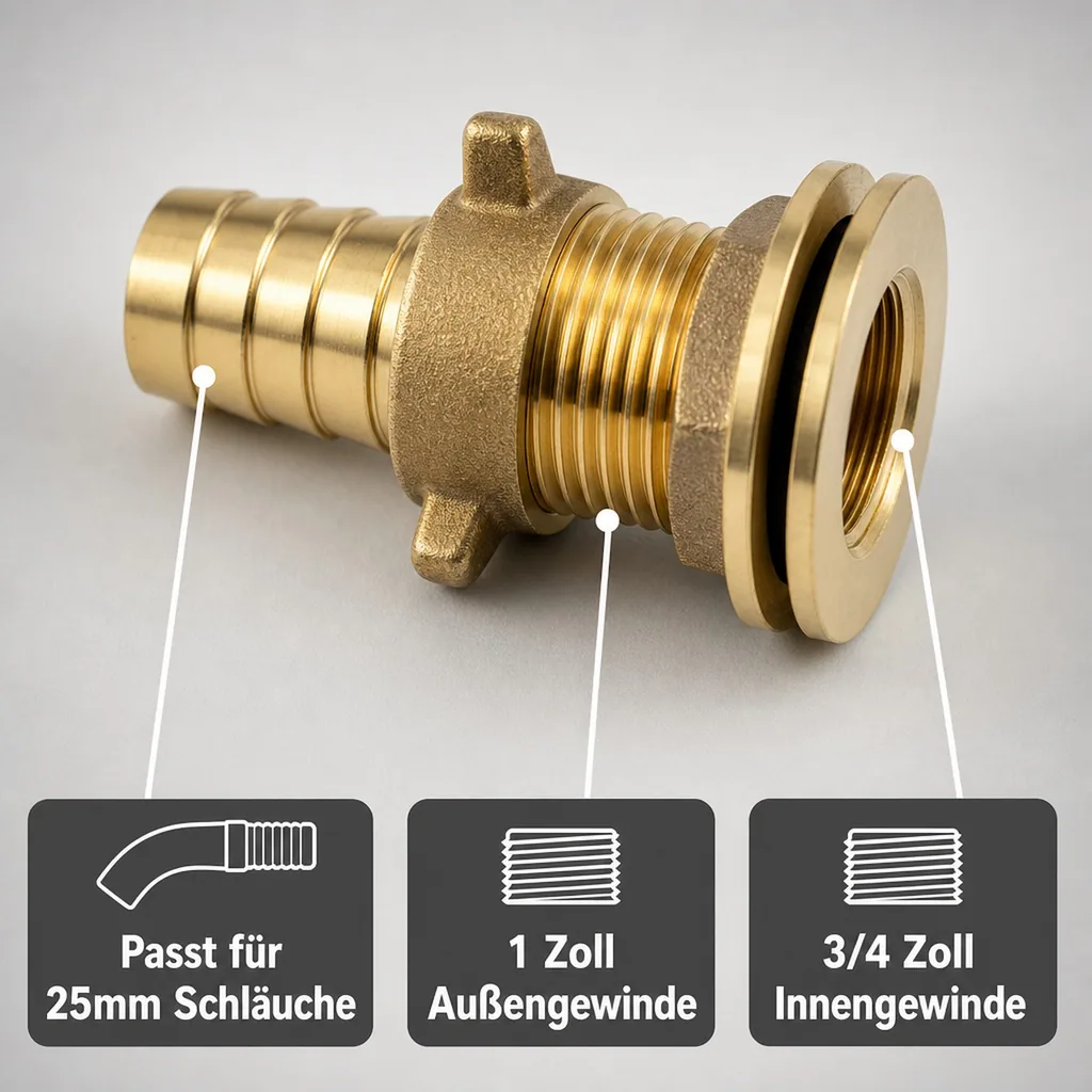 Tankdurchführung, Regentonnen Durchführung 1 Zoll, Messing Schlauchstutzen 25mm