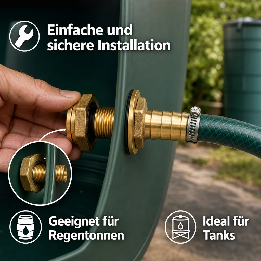 Tankdurchführung, Regentonnen Durchführung 1 Zoll, Messing Schlauchstutzen 25mm