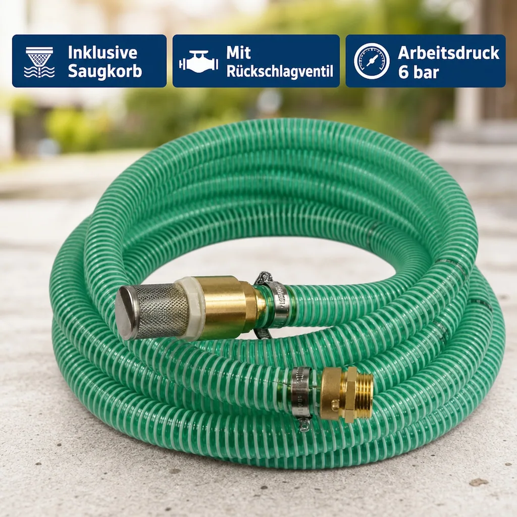 1"/25mm Saug- + Druckschlauch mit Saugkorb, Rückschlagventil + 1" AG Doppelnippel 6m