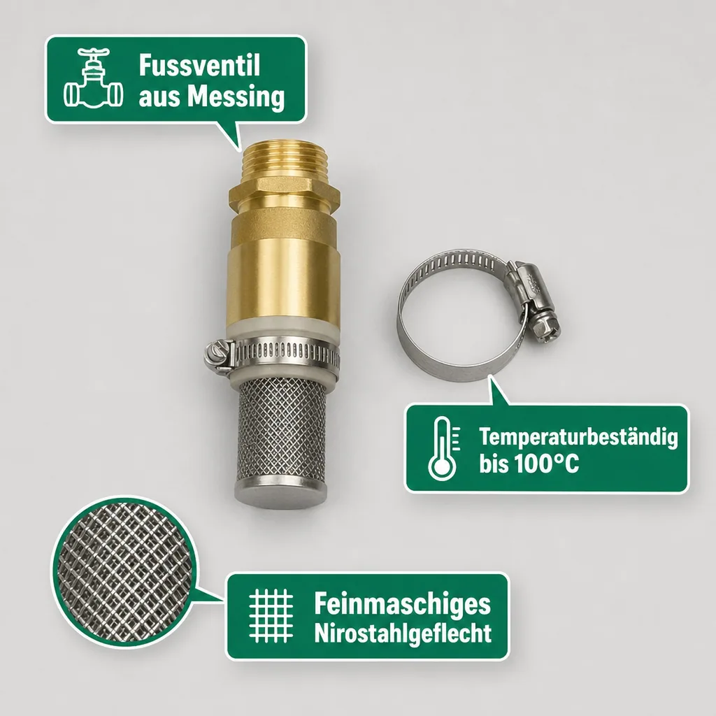 1"/25mm Saug- + Druckschlauch mit Saugkorb, Rückschlagventil + 1" AG Doppelnippel 9m