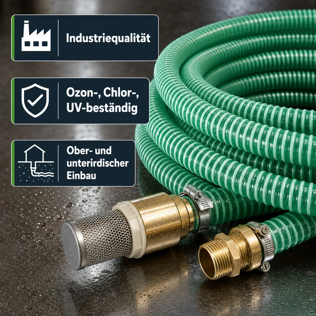 1"/25mm Saug- + Druckschlauch mit Saugkorb, Rückschlagventil + 1" AG Doppelnippel 9m