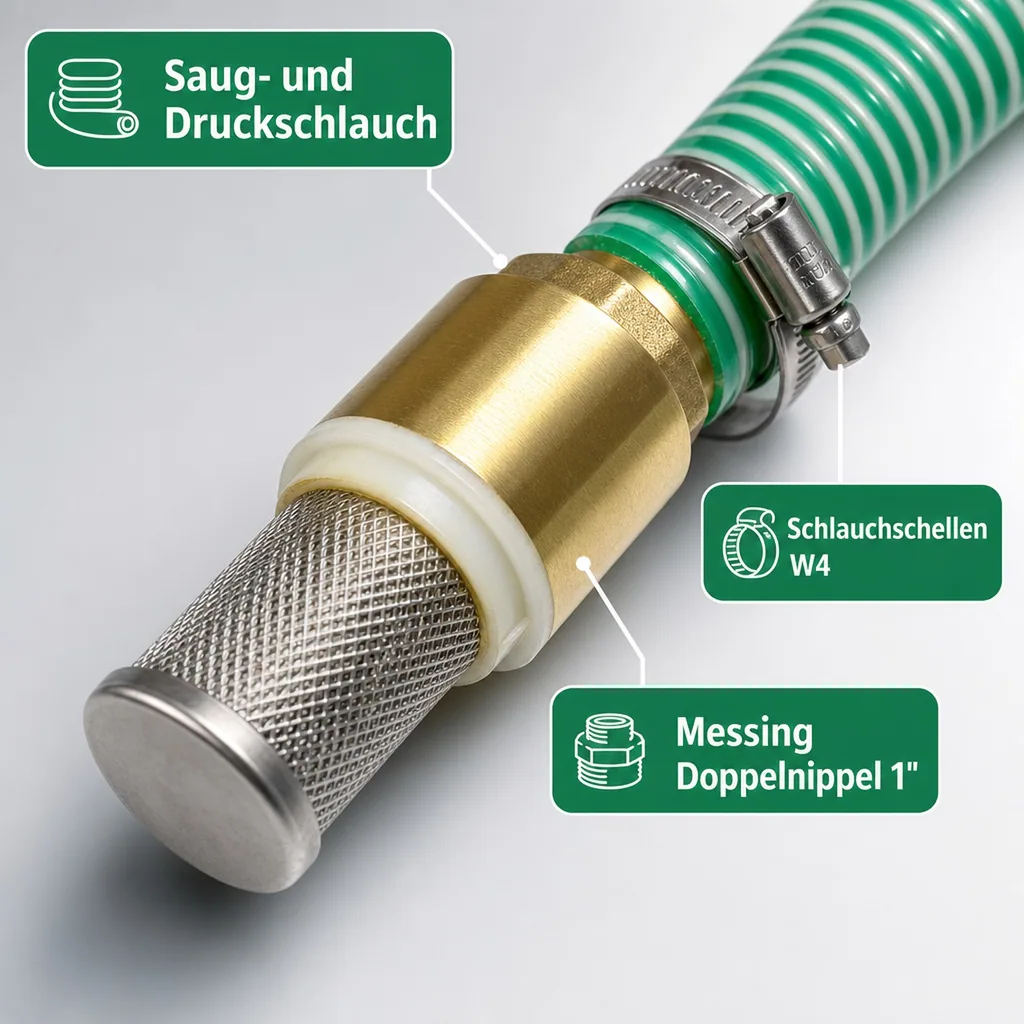 1"/25mm Saug- + Druckschlauch mit Saugkorb, Rückschlagventil + 1" AG Doppelnippel 9m
