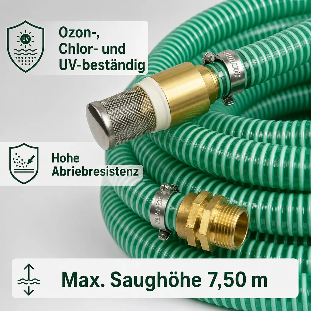 1"/25mm Saug- + Druckschlauch mit Saugkorb, Rückschlagventil + 1" AG Doppelnippel 25m