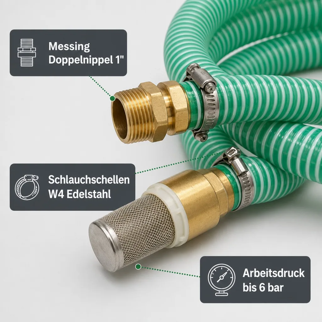 1"/25mm Saug- + Druckschlauch mit Saugkorb, Rückschlagventil + 1" AG Doppelnippel 25m