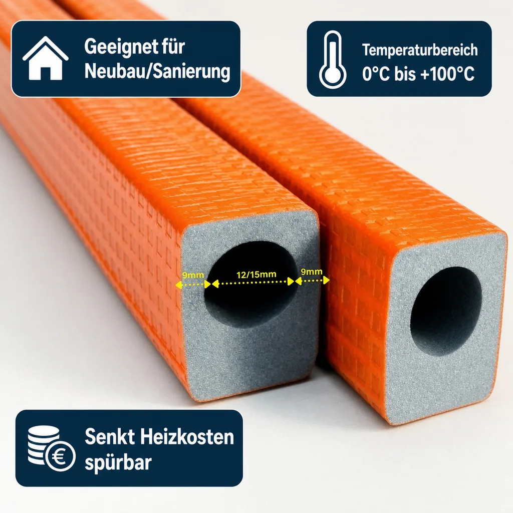 Rohrisolierung, Heizungsrohr Isolierung, 2m, 12/15 mm, 9 mm Dämmung