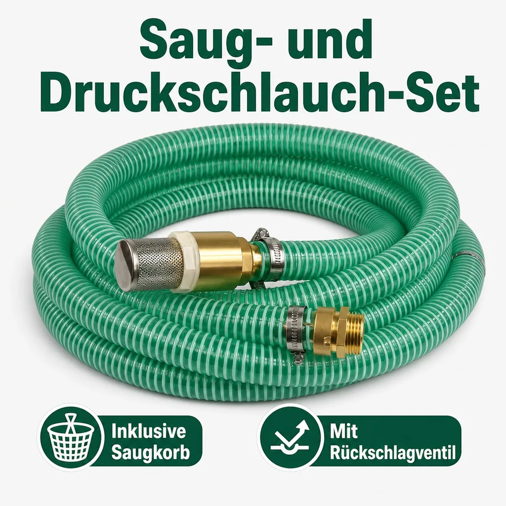 1"/25mm Saug- + Druckschlauch mit Saugkorb, Rückschlagventil + 1" AG Doppelnippel 8m