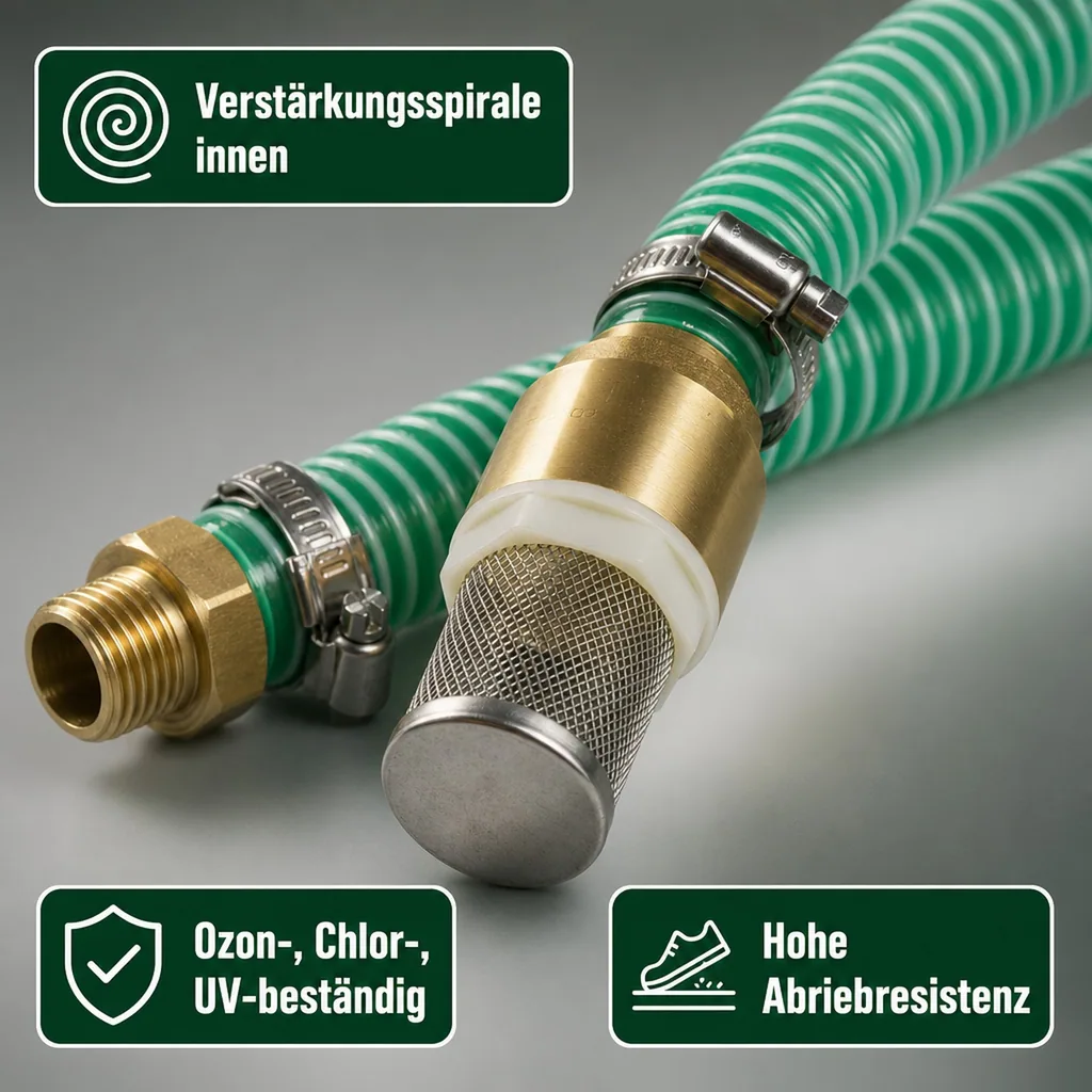 1"/25mm Saug- + Druckschlauch mit Saugkorb, Rückschlagventil + 1" AG Doppelnippel 8m
