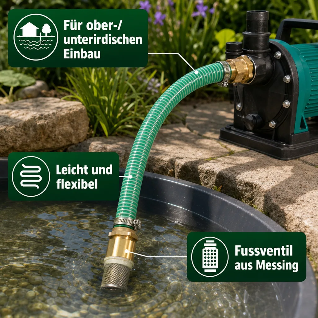 1"/25mm Saug- + Druckschlauch mit Saugkorb, Rückschlagventil + 1" AG Doppelnippel 8m