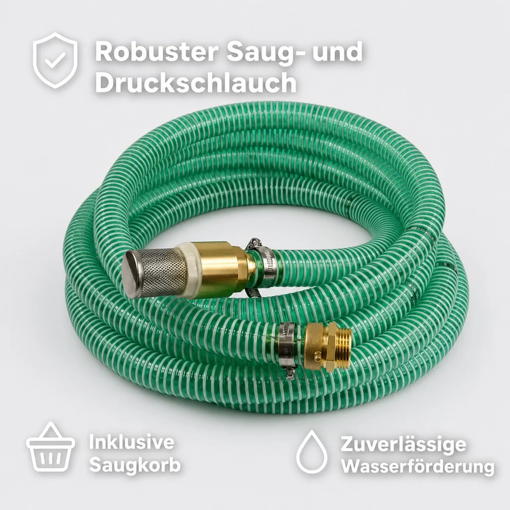 Druckschlauch 1 Zoll, Saug-Druckschlauch Set 7m, Saugkorb mit Rückschlagventil
