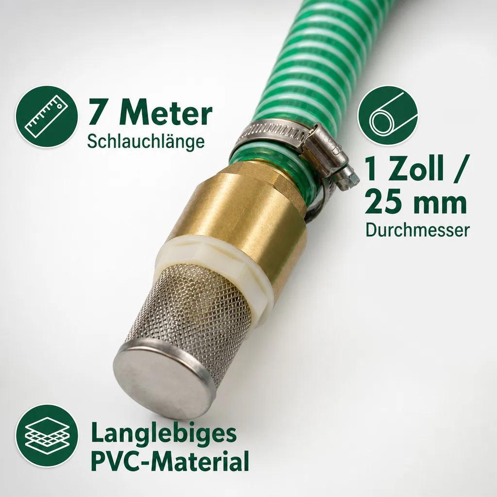 Druckschlauch 1 Zoll, Saug-Druckschlauch Set 7m, Saugkorb mit Rückschlagventil