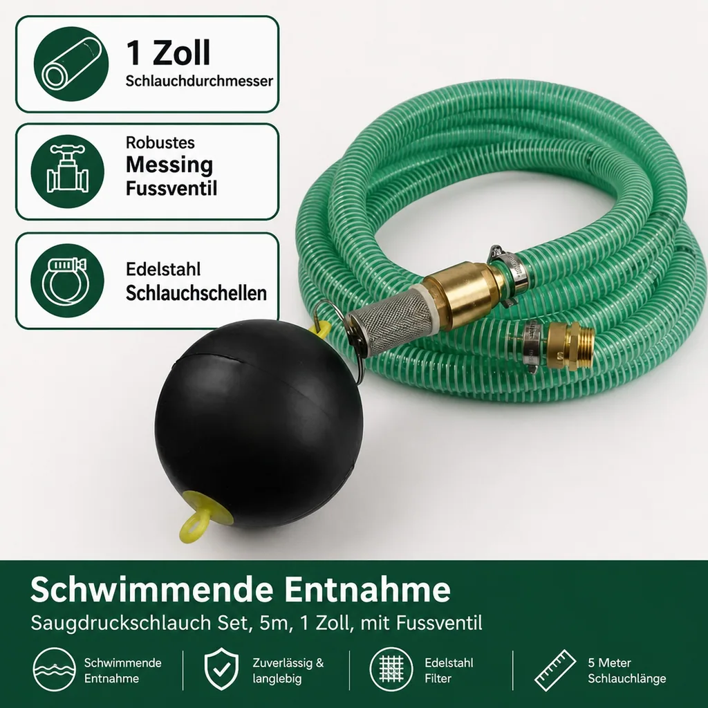 Schwimmende Entnahme, Saugdruckschlauch Set, 5m, 1 Zoll, mit Fussventil