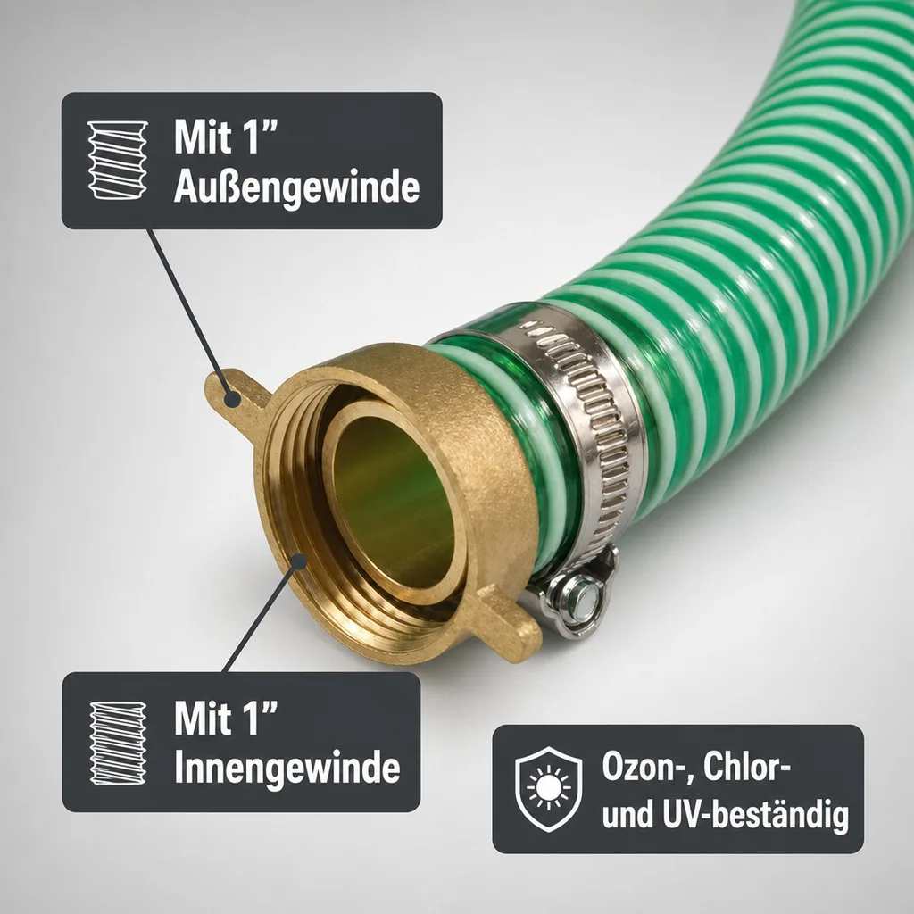 1"/25mm Saug- + Druckschlauch mit 1" AG Schlauchtülle + 1" IG 2/3 Verschraubung 10m