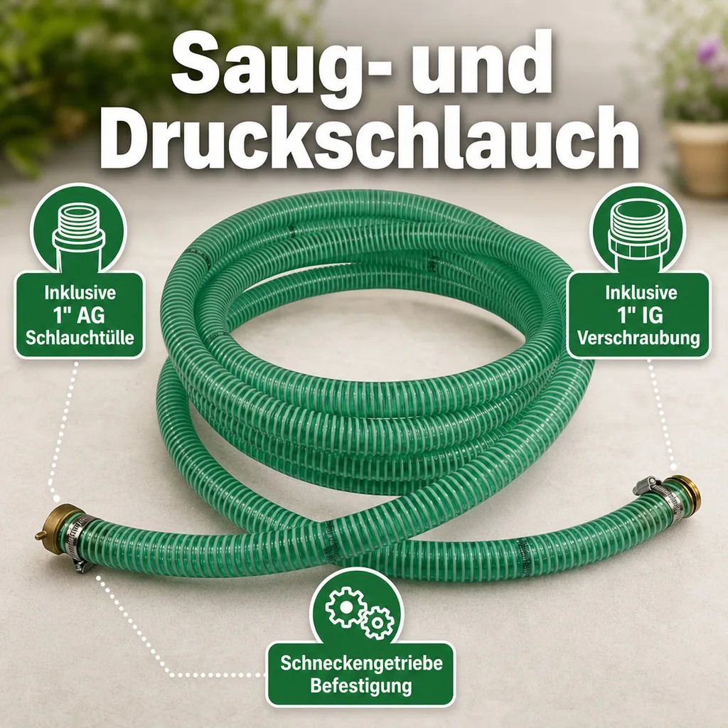 1"/25mm Saug- + Druckschlauch mit 1" AG Schlauchtülle + 1" IG 2/3 Verschraubung 20m