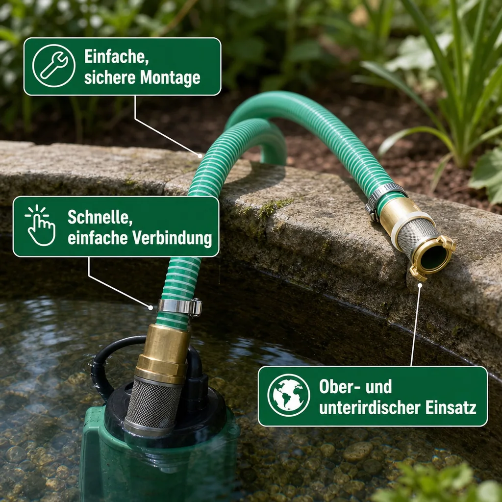 Saug- und Druckschlauch Set, 25mm, 1m, mit Saugkorb, Rückschlagventil