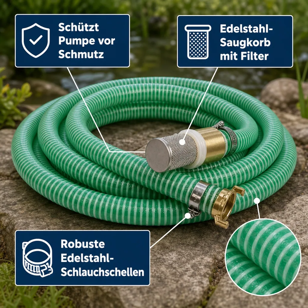 Saug- und Druckschlauch Set, 25mm, 1m, mit Saugkorb, Rückschlagventil