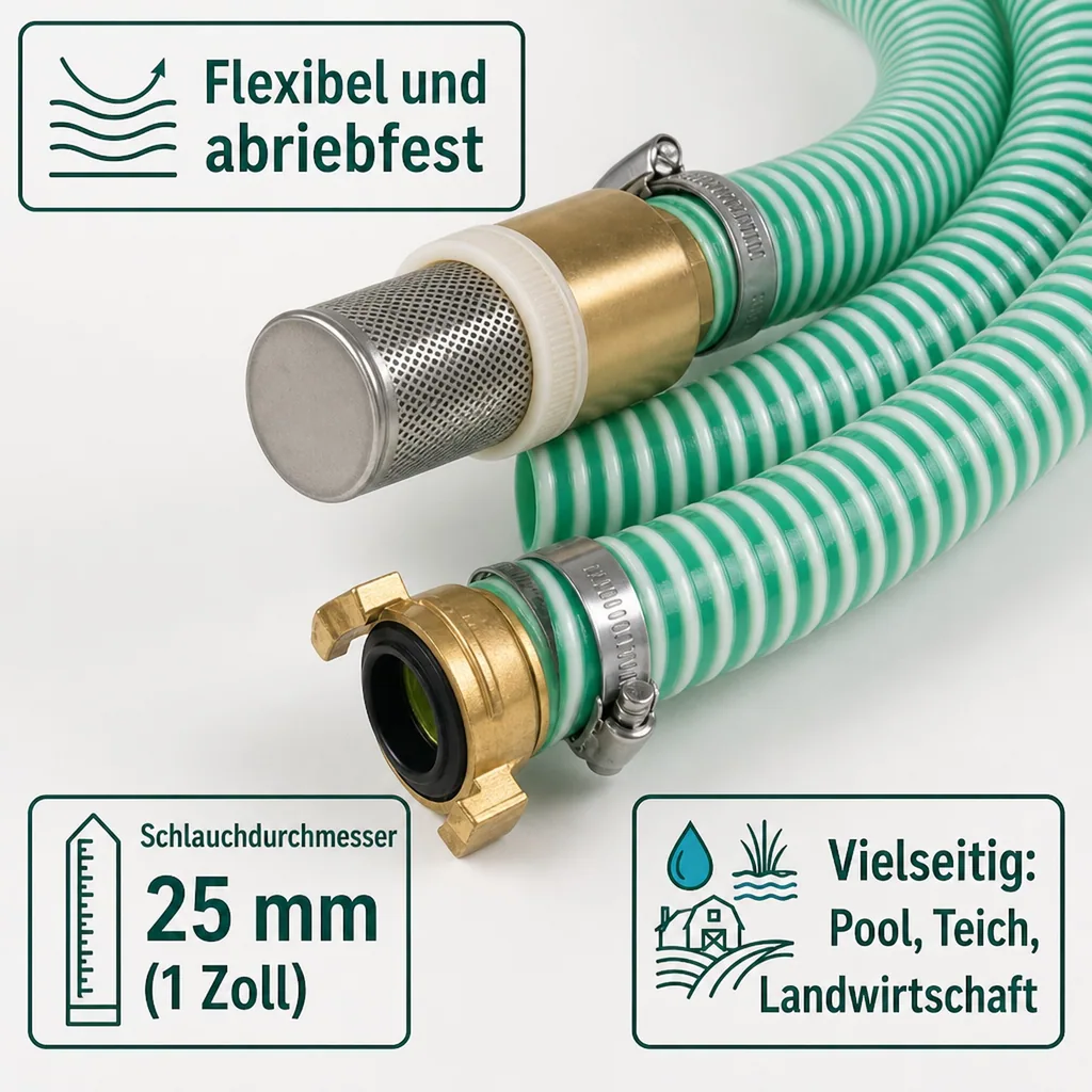 Saug- und Druckschlauch Set, 25mm, 1m, mit Saugkorb, Rückschlagventil