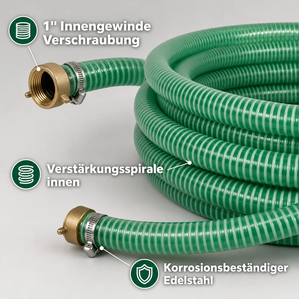 1"/25mm Saug- + Druckschlauch mit 1" AG Schlauchtülle + 1" IG 2/3 Verschraubung 7m
