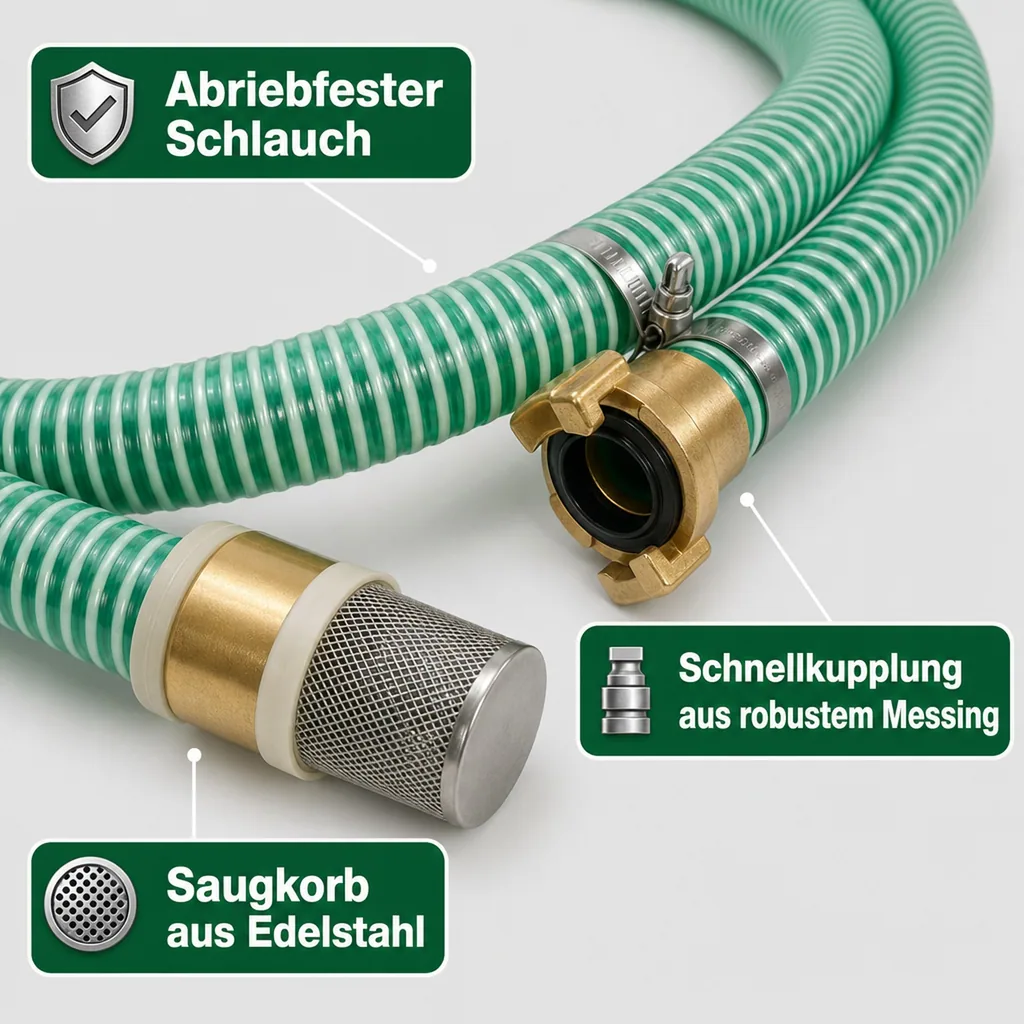 Saug- und Druckschlauch 25mm, mit Saugkorb, Rückschlagventil, Schnellkupplung, 5m