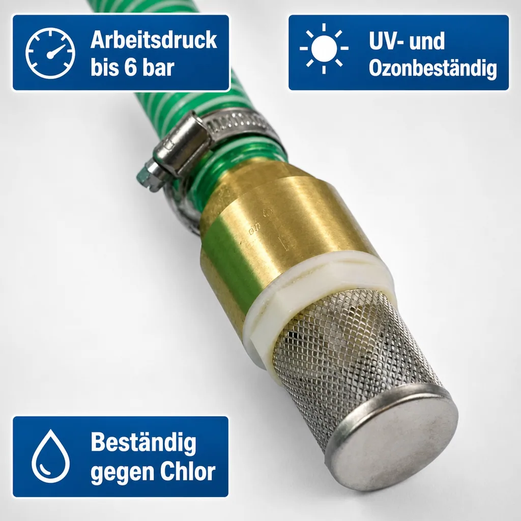Saug- und Druckschlauch 25mm, mit Saugkorb, Rückschlagventil, Schnellkupplung, 5m