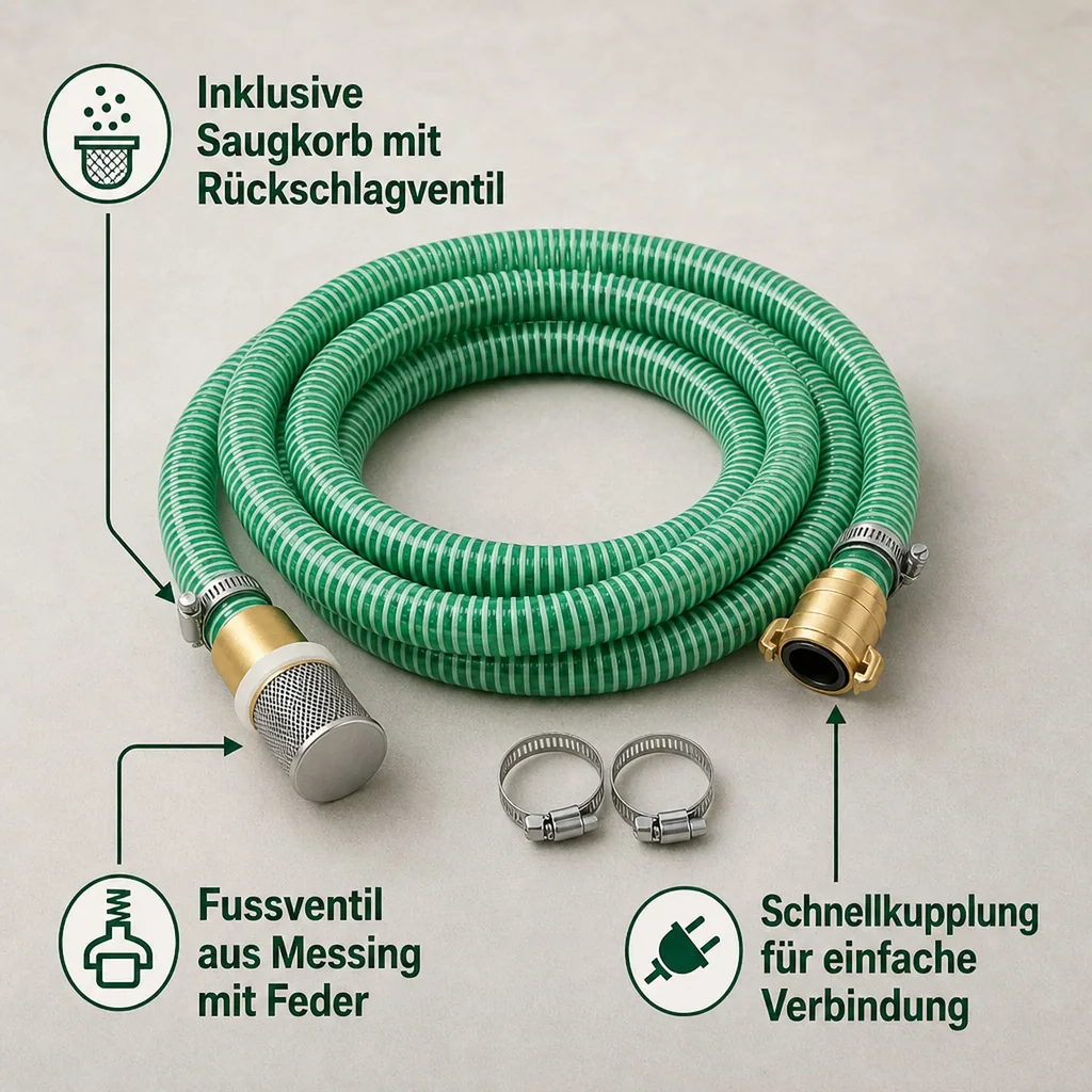 Saug- und Druckschlauch 25mm, mit Saugkorb, Rückschlagventil, Schnellkupplung, 5m