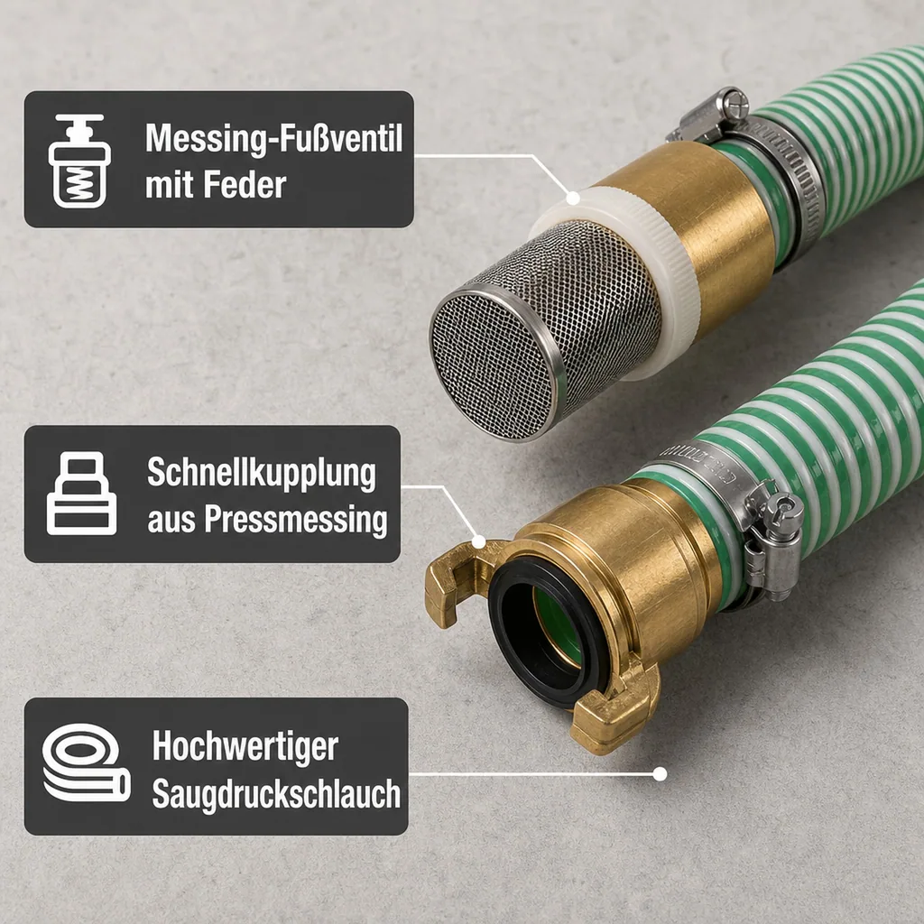 Saugkorb mit Rückschlagventil, Saugdruckschlauch 25mm, 4m Set