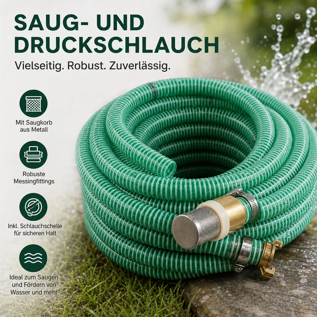 Druckschlauch 1 Zoll, Saug- und Druckschlauch Set 7m, Saugkorb mit Rückschlagventil