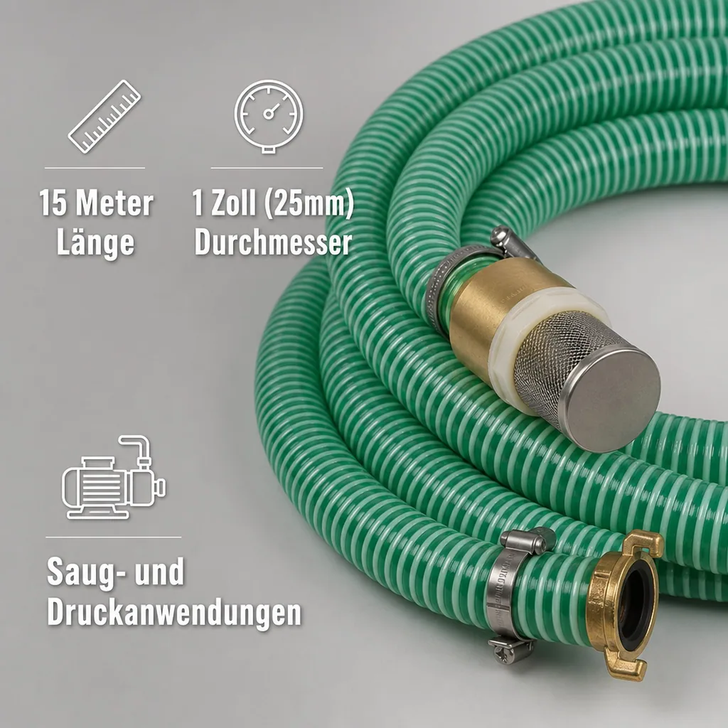 Druckschlauch 1 Zoll, Saug- und Druckschlauch, 15m, mit Saugkorb & Kupplung