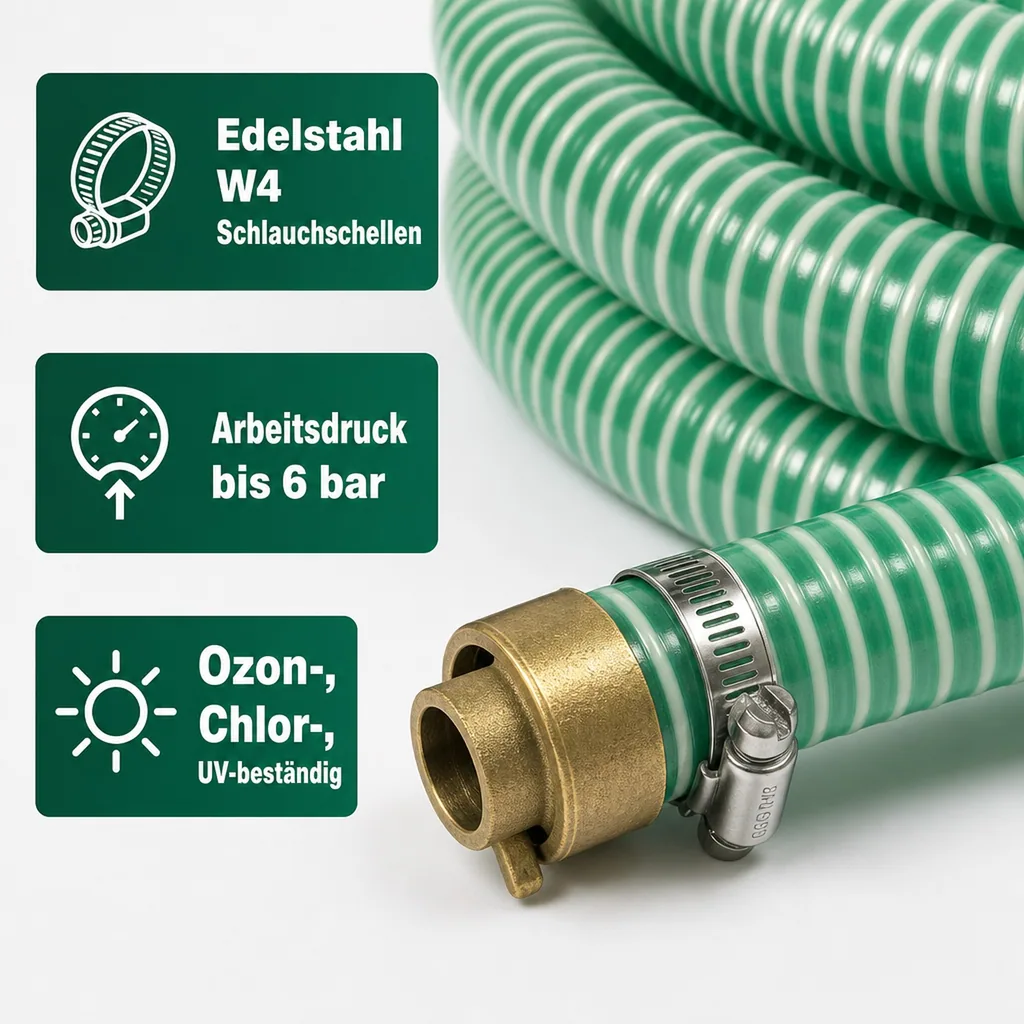 Druckschlauch 1 Zoll, Saug Druckschlauch 6m Set, mit Messing Schlauchverschraubung
