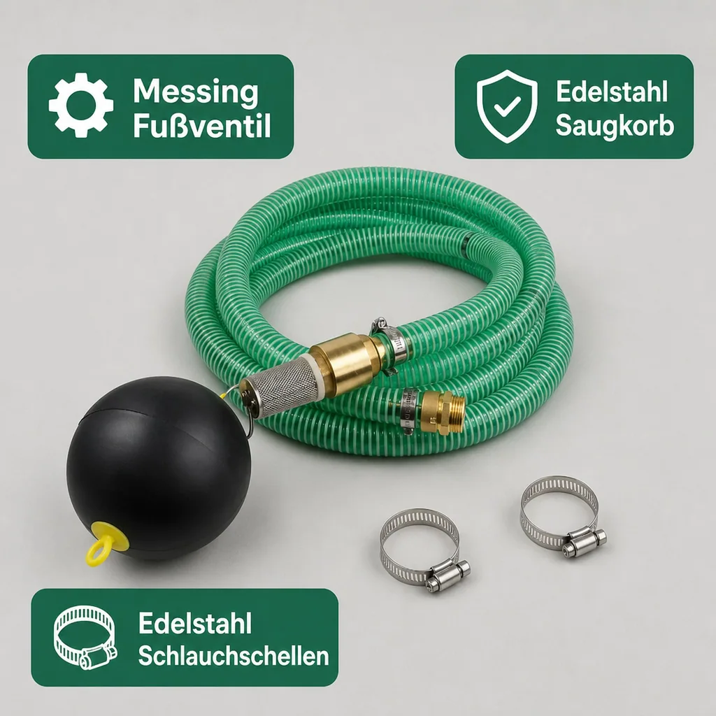 Saug Druckschlauch 1 Zoll Set, 9m, mit schwimmender Entnahme, Fussventil Messing