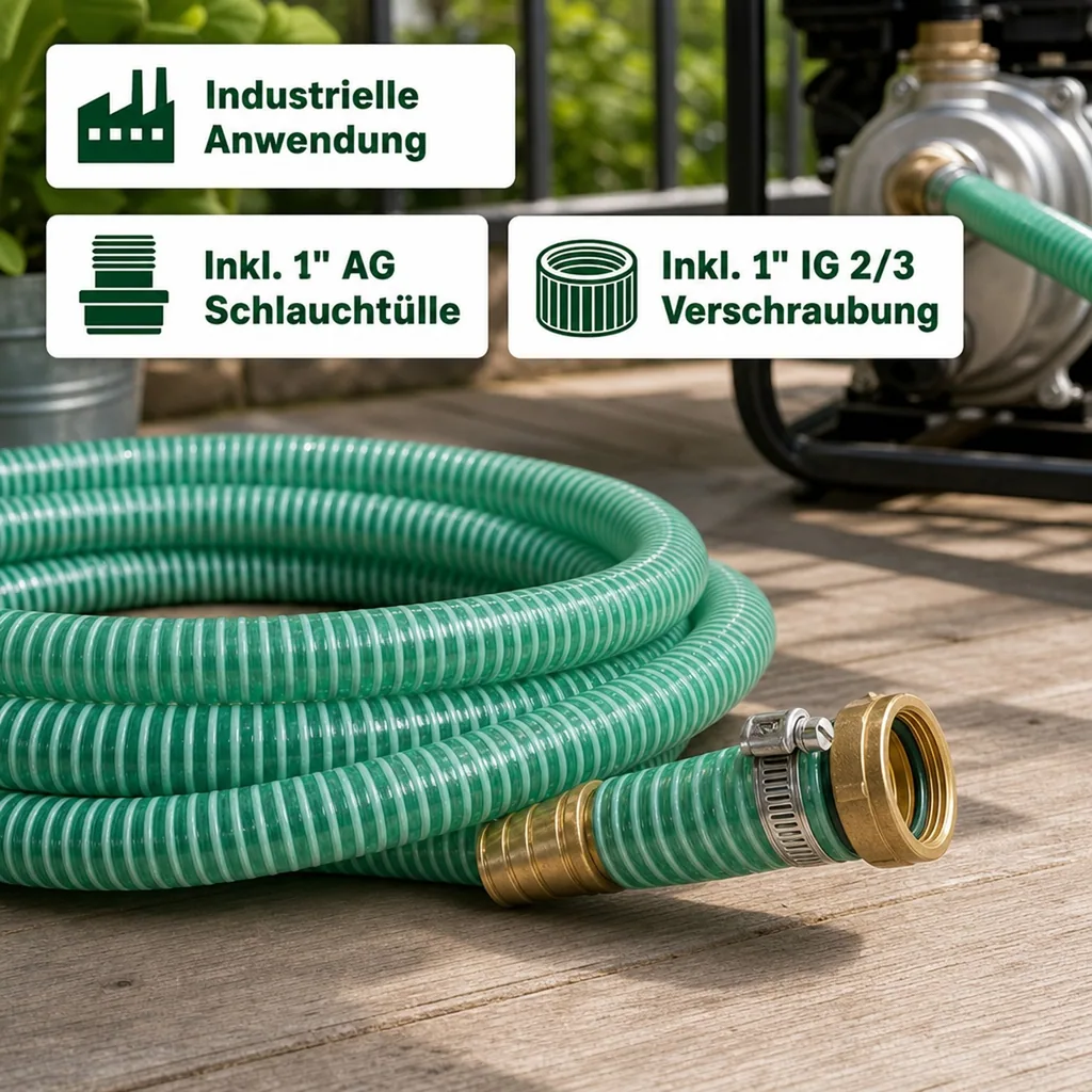 1"/25mm Saug- + Druckschlauch mit 1" AG Schlauchtülle + 1" IG 2/3 Verschraubung 15m
