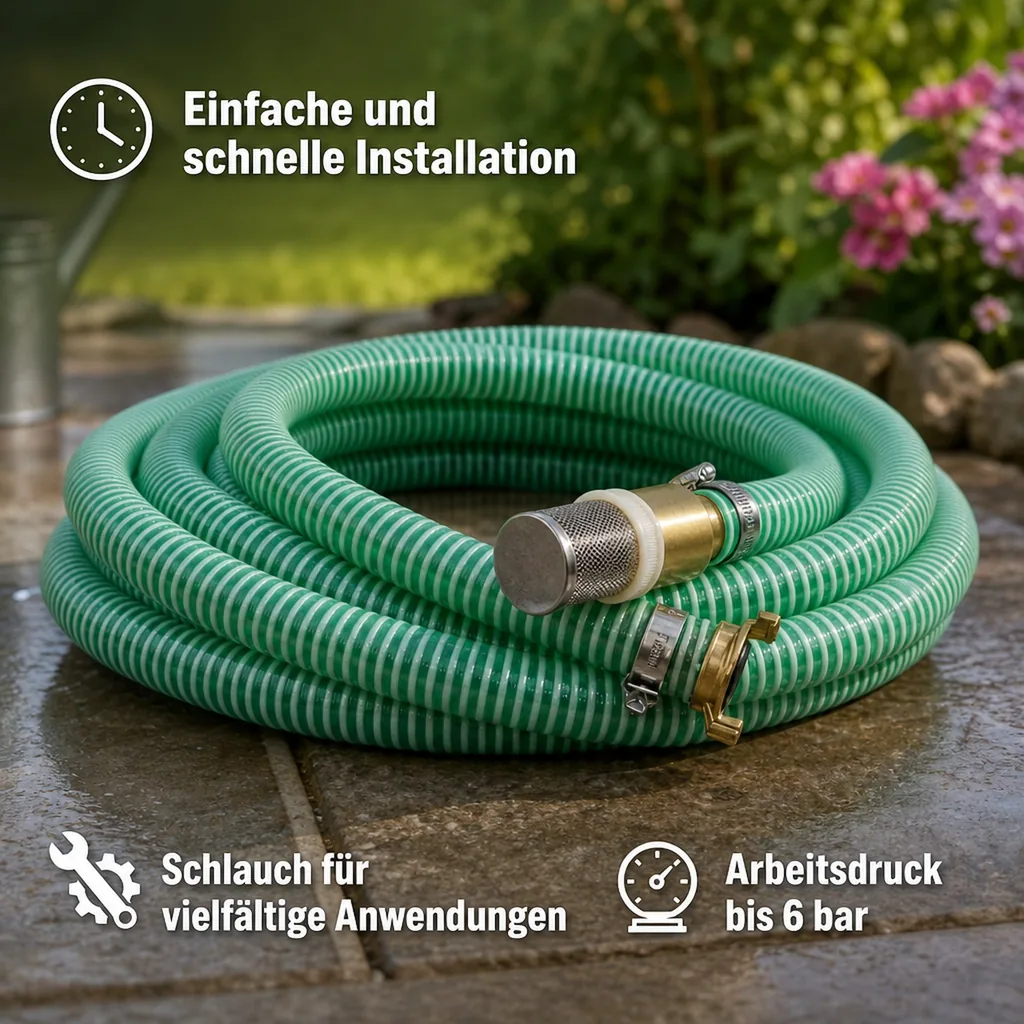 Saugkorb mit Rückschlagventil, Saug- Druckschlauch Set 25mm, 10m, Schnellkupplung, Fußventil Messing