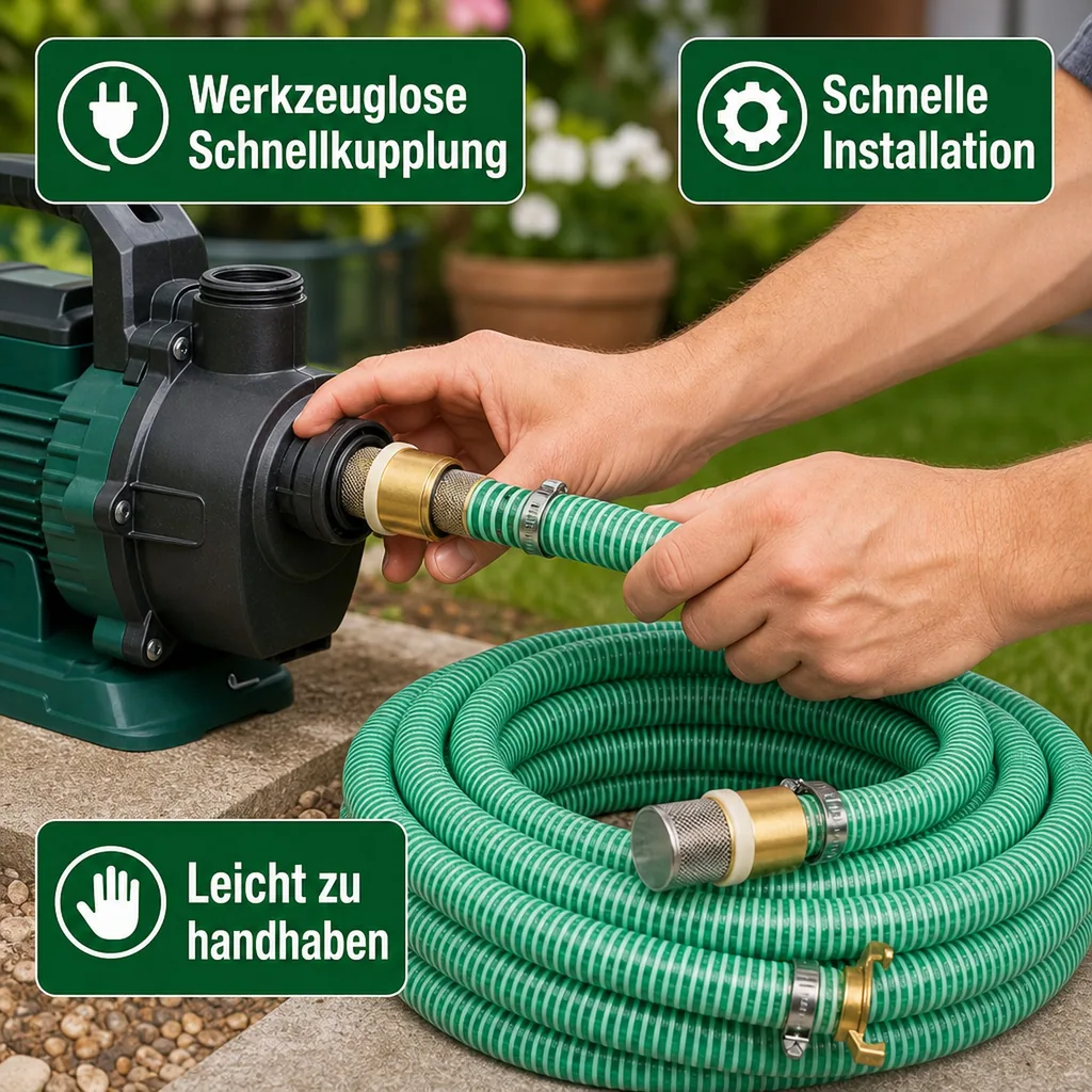 Saugkorb mit Rückschlagventil, Saug- Druckschlauch 25mm, Schnellkupplung, 9m