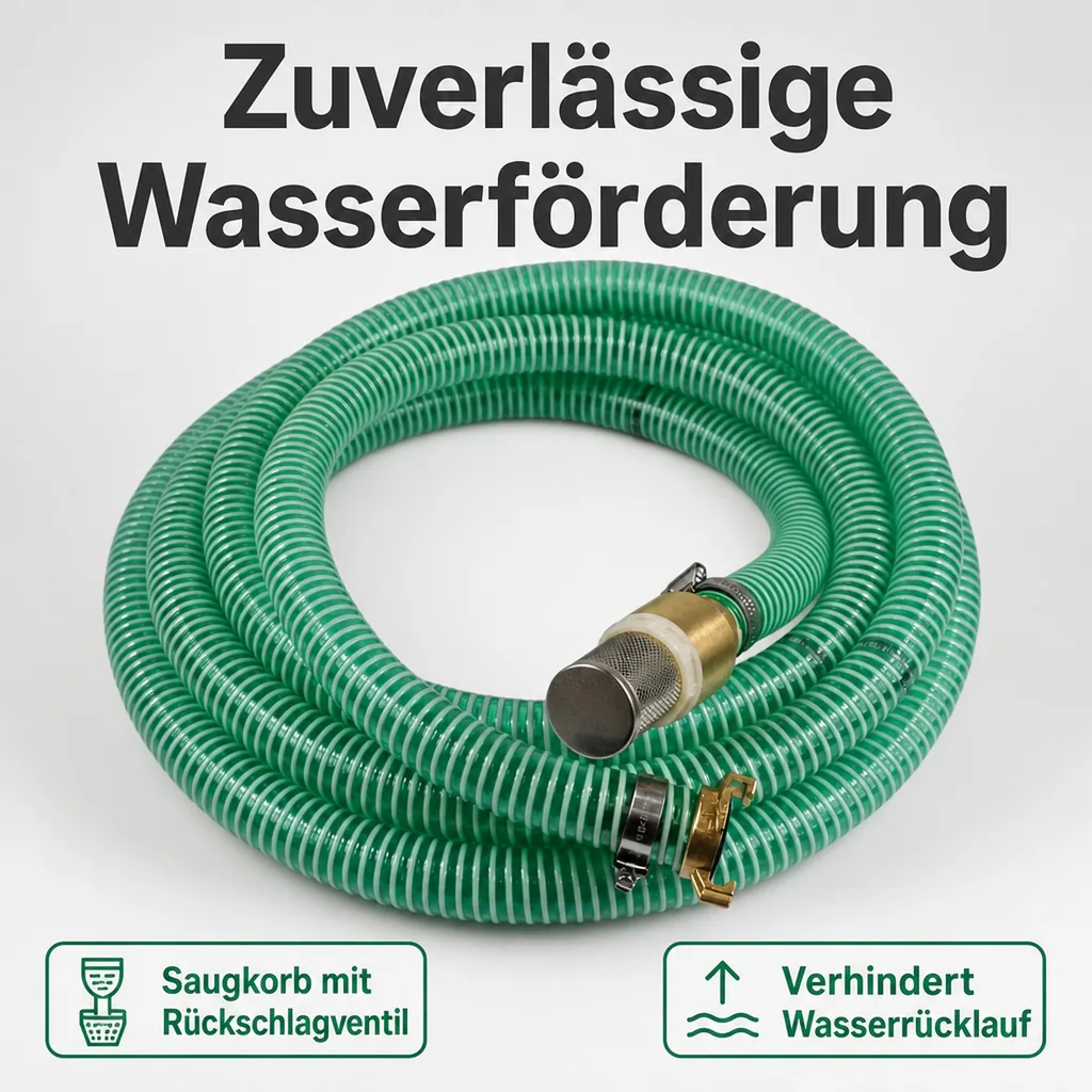 Saugkorb mit Rückschlagventil, Saug- Druckschlauch 25mm, Schnellkupplung, 9m