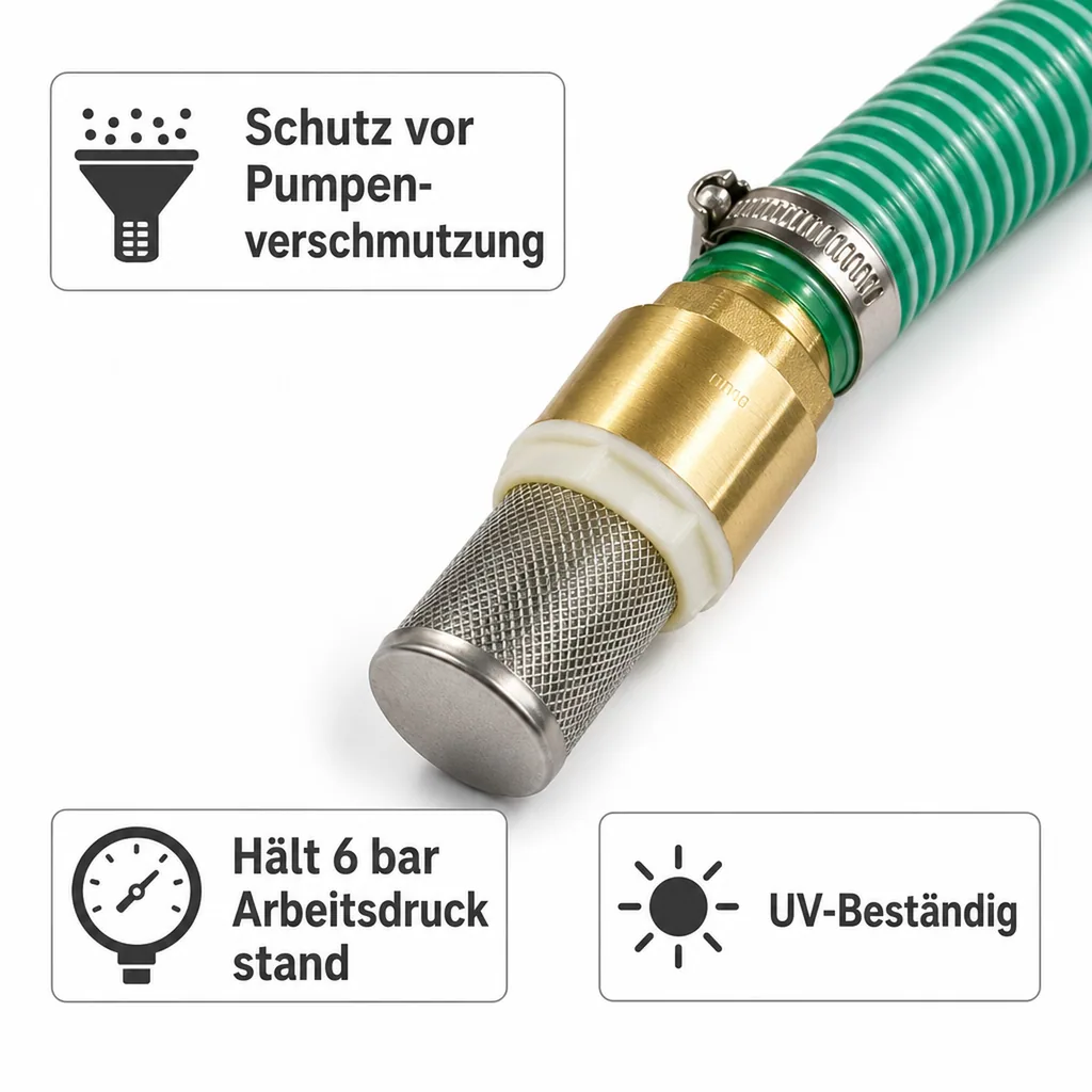 Saugdruckschlauch Set mit Saugkorb, 4m, 1 Zoll, Messing Saugkupplung