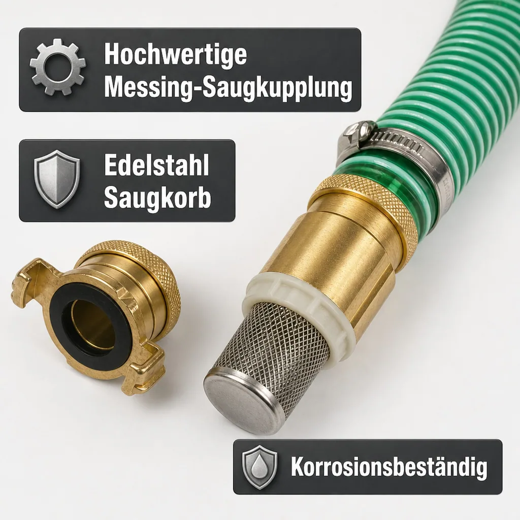 Saugdruckschlauch Set mit Saugkorb, 4m, 1 Zoll, Messing Saugkupplung