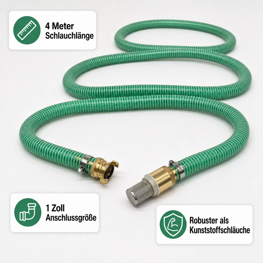 Saugdruckschlauch Set mit Saugkorb, 4m, 1 Zoll, Messing Saugkupplung