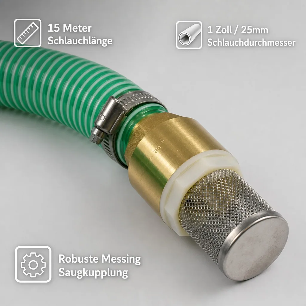 Saug-Druckschlauch Set, 1 Zoll, 15m, mit Saugkorb & Rückschlagventil